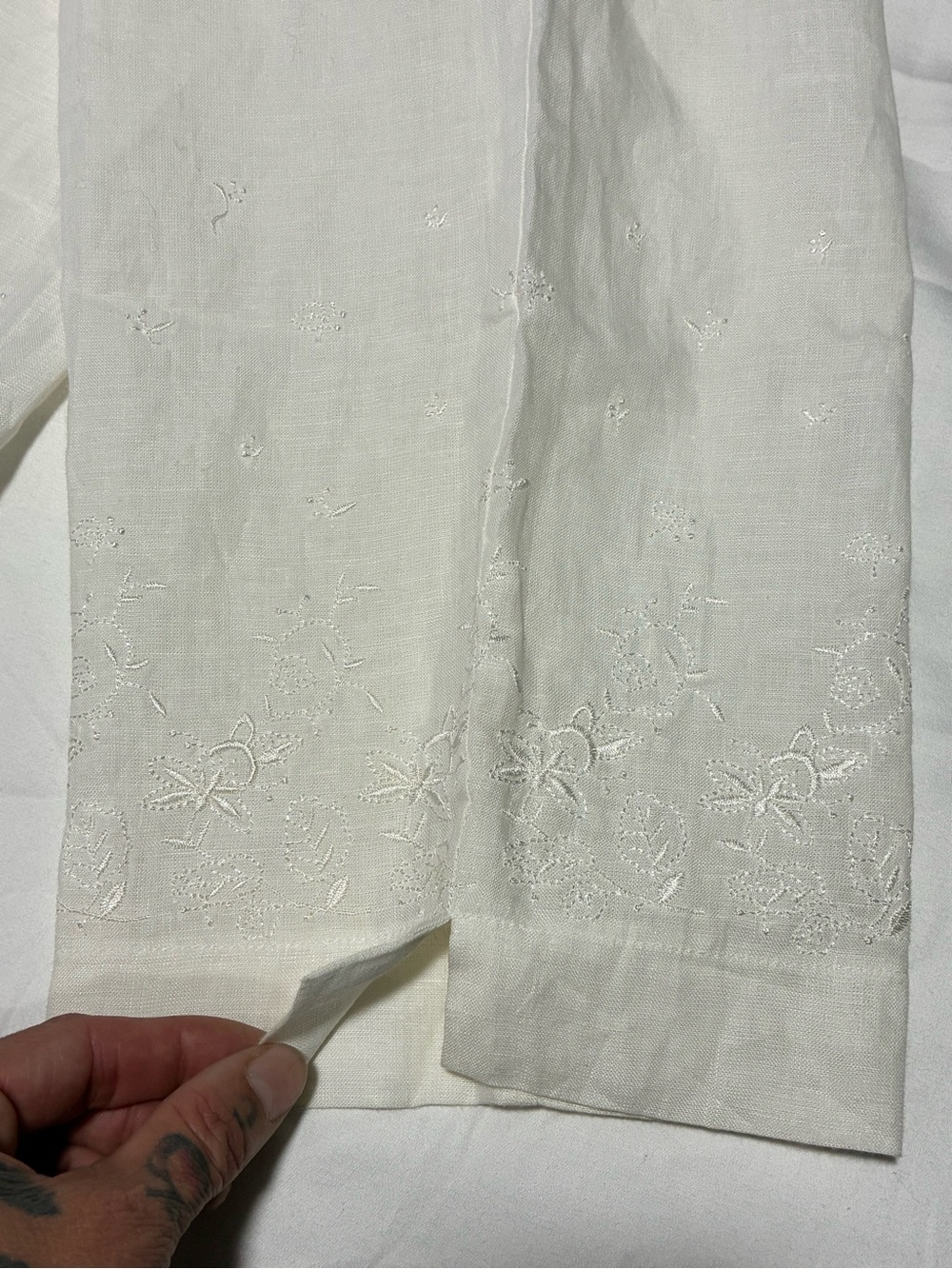 Irish Linen L NWT VTG Embroidered Straight Leg Linen Pants in White Lightweight - Picture 14 of 15